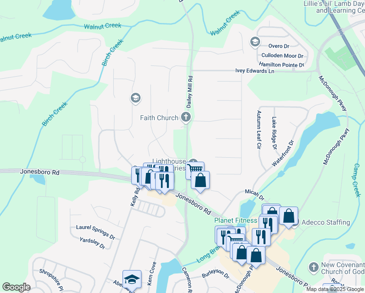 map of restaurants, bars, coffee shops, grocery stores, and more near 133 Dailey Mill Road in McDonough