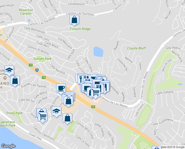 map of restaurants, bars, coffee shops, grocery stores, and more near 3616 Calle Casino in San Clemente