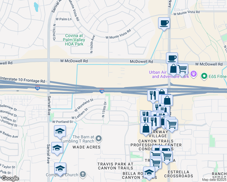 map of restaurants, bars, coffee shops, grocery stores, and more near Papago Fwy in Goodyear