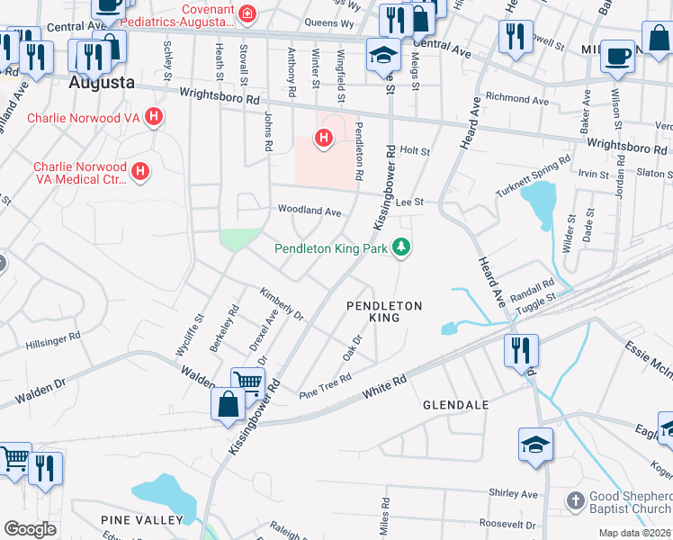 map of restaurants, bars, coffee shops, grocery stores, and more near 1613 Kissingbower Road in Augusta