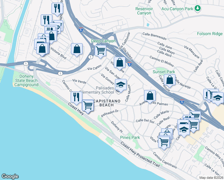 map of restaurants, bars, coffee shops, grocery stores, and more near 26411 Via Sacramento in Dana Point