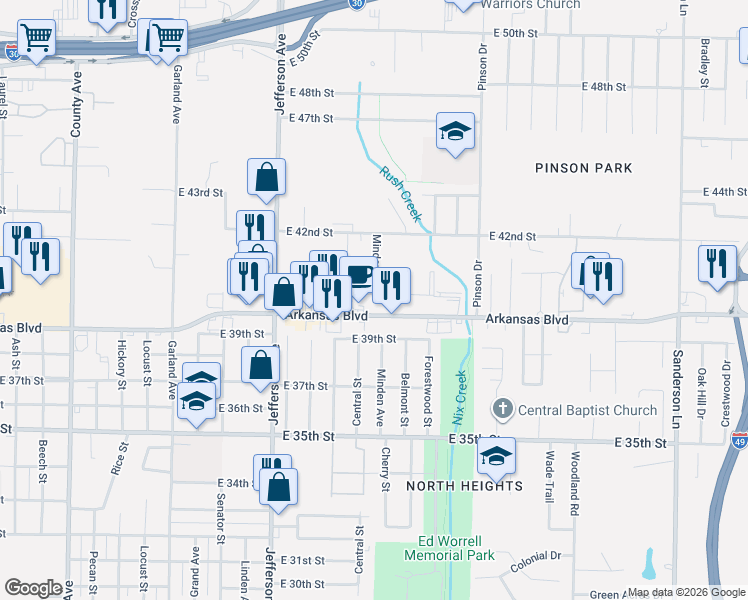 map of restaurants, bars, coffee shops, grocery stores, and more near 4022 Minden Avenue in Texarkana