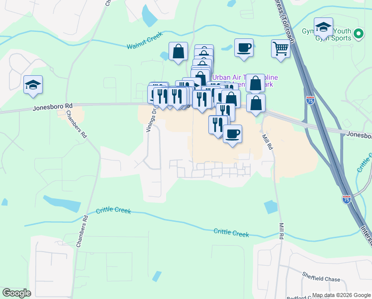 map of restaurants, bars, coffee shops, grocery stores, and more near 1200 Towne Centre Village Drive in McDonough