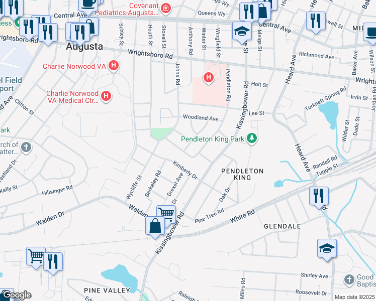map of restaurants, bars, coffee shops, grocery stores, and more near 2222 Norman Street in Augusta