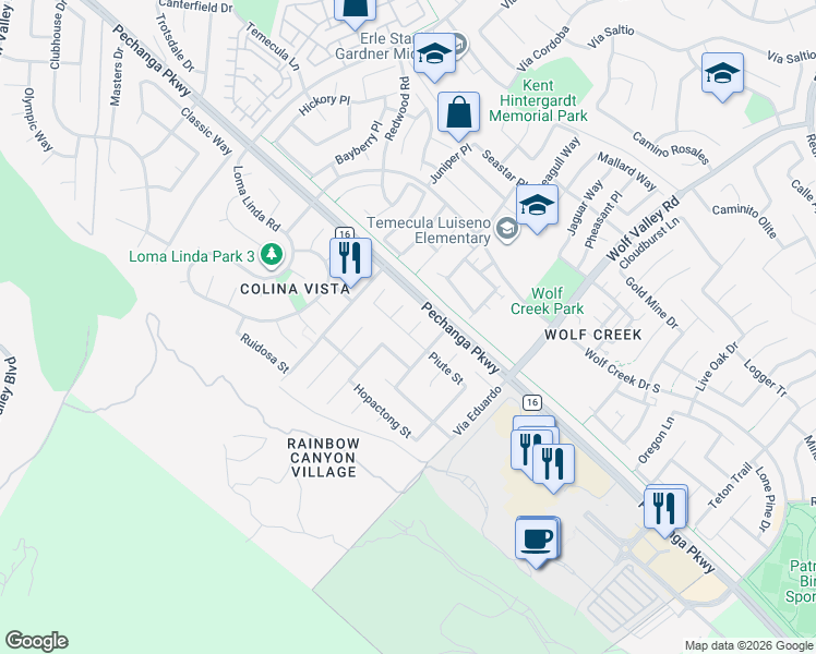 map of restaurants, bars, coffee shops, grocery stores, and more near 31278 Bocaw Circle in Temecula