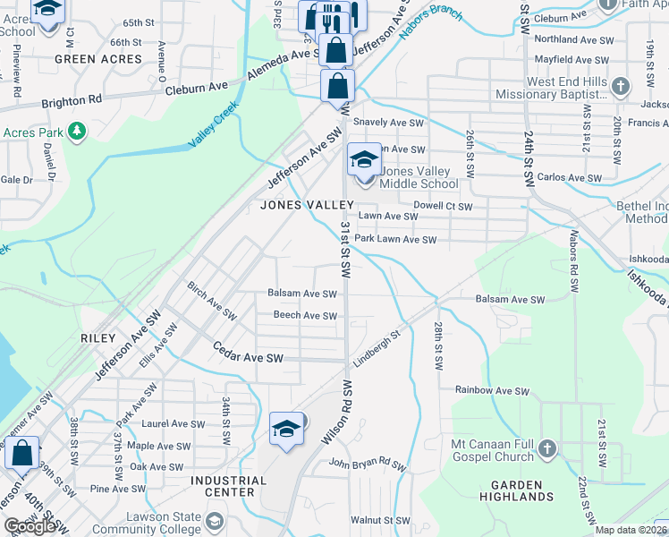 map of restaurants, bars, coffee shops, grocery stores, and more near 2208 31st Street Southwest in Birmingham