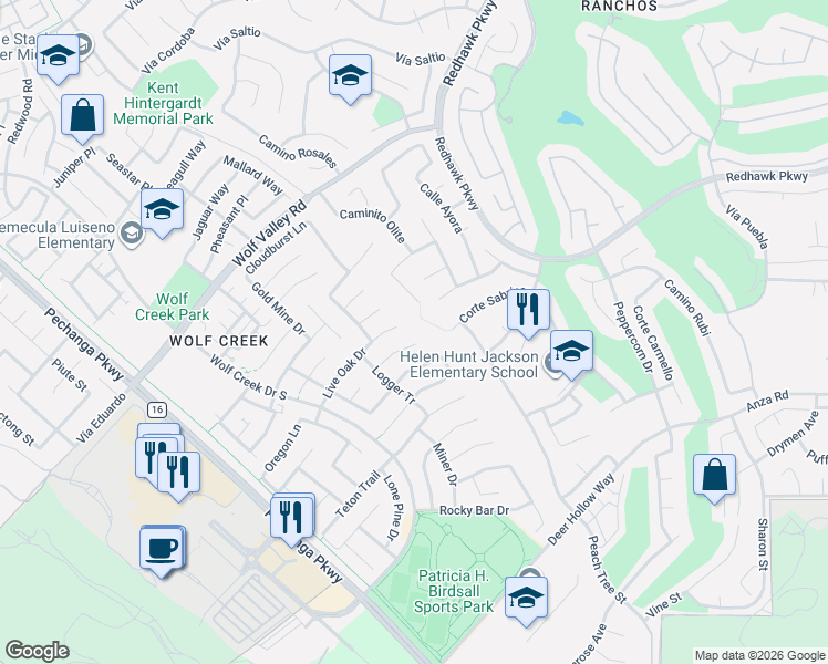 map of restaurants, bars, coffee shops, grocery stores, and more near 32236 Cedar Crest Court in Temecula
