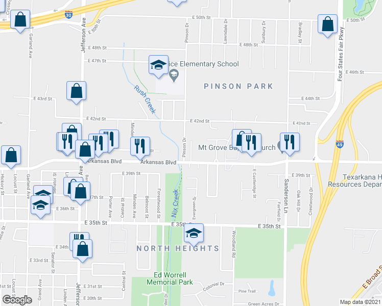 map of restaurants, bars, coffee shops, grocery stores, and more near 3924 Eastwood Drive in Texarkana
