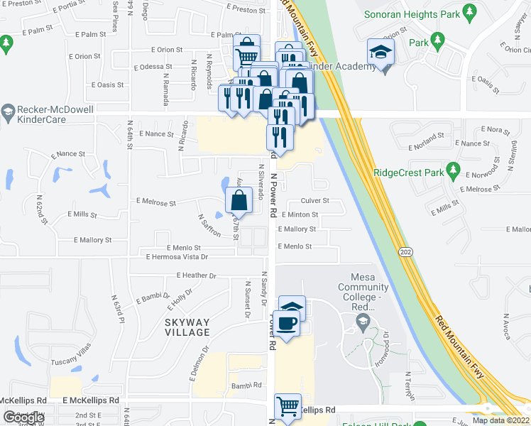 map of restaurants, bars, coffee shops, grocery stores, and more near 2509 North Silverado in Mesa