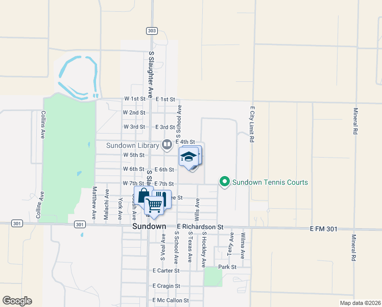 map of restaurants, bars, coffee shops, grocery stores, and more near 307 East 5th Street in Sundown