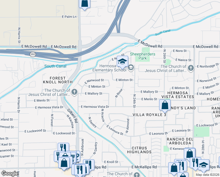 map of restaurants, bars, coffee shops, grocery stores, and more near 2543 North Acacia Circle in Mesa