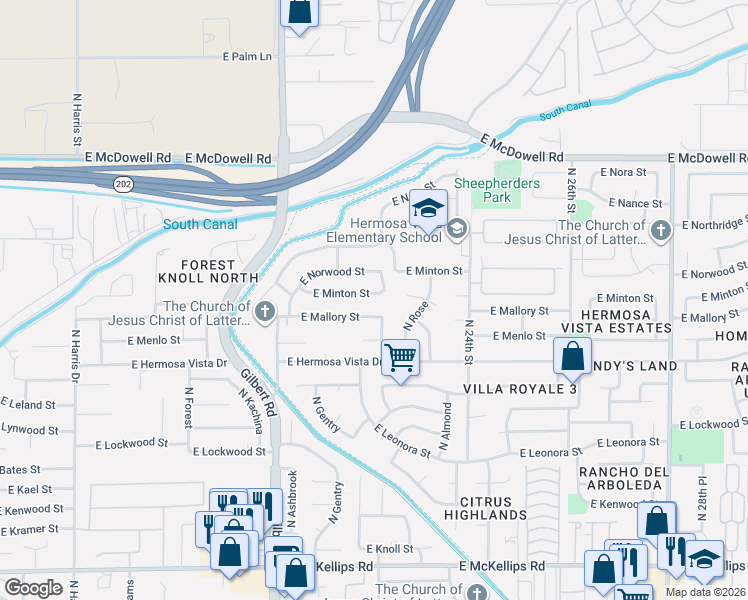 map of restaurants, bars, coffee shops, grocery stores, and more near 2543 North Acacia Circle in Mesa