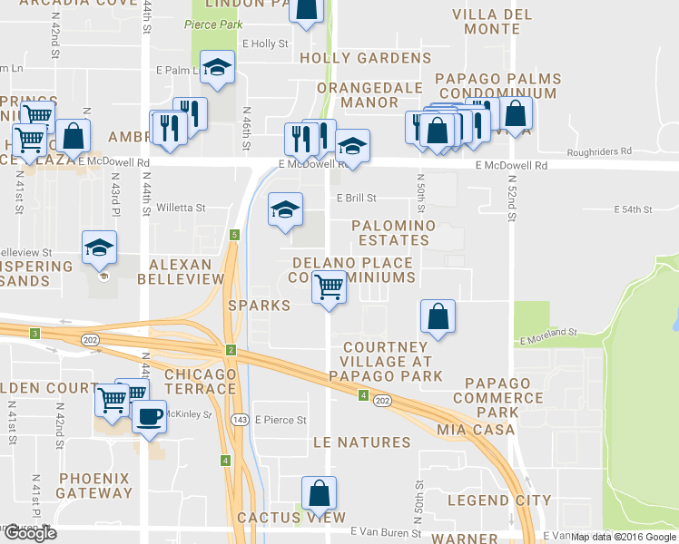 map of restaurants, bars, coffee shops, grocery stores, and more near 1301 North 48th Street in Phoenix