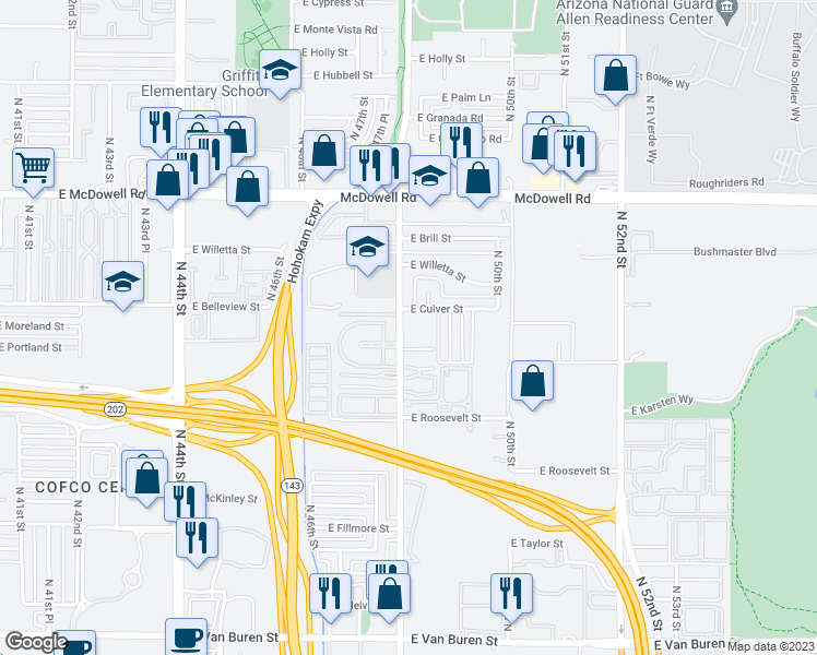 map of restaurants, bars, coffee shops, grocery stores, and more near 1301 North 48th Street in Phoenix