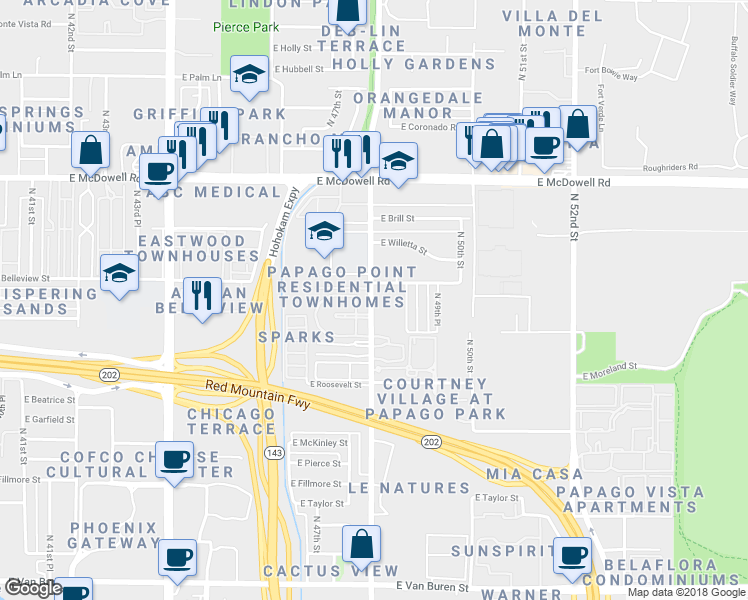map of restaurants, bars, coffee shops, grocery stores, and more near 1301 North 48th Street in Phoenix
