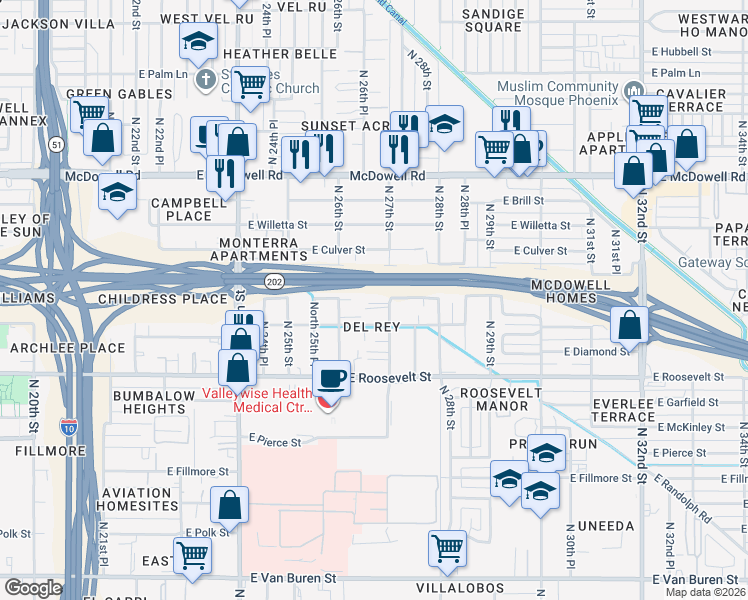 map of restaurants, bars, coffee shops, grocery stores, and more near 1124 North 27th Street in Phoenix