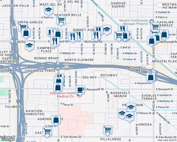 map of restaurants, bars, coffee shops, grocery stores, and more near 1124 North 27th Street in Phoenix