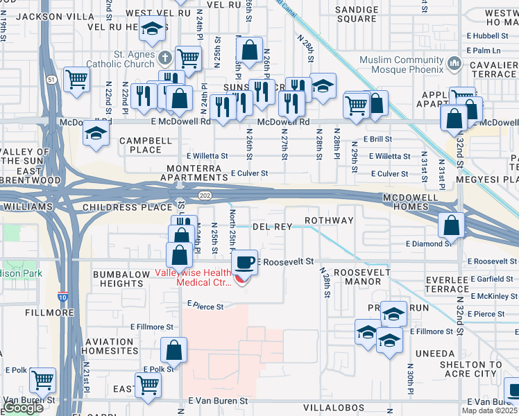 map of restaurants, bars, coffee shops, grocery stores, and more near 1218 North 26th Street in Phoenix