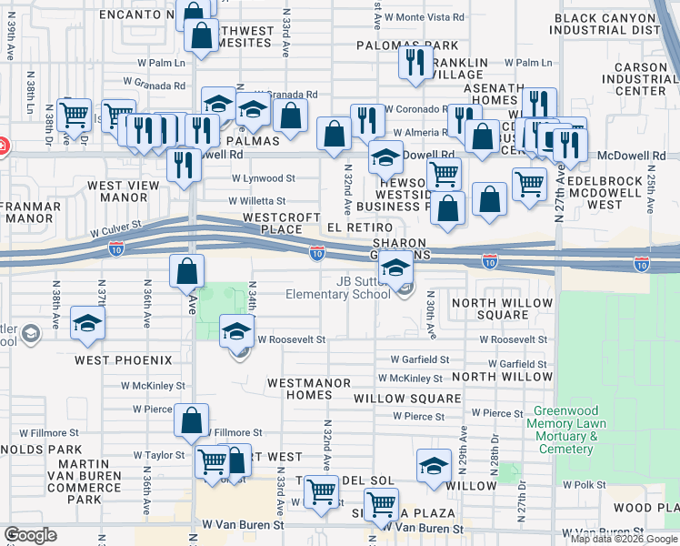 map of restaurants, bars, coffee shops, grocery stores, and more near 3302 West Moreland Street in Phoenix
