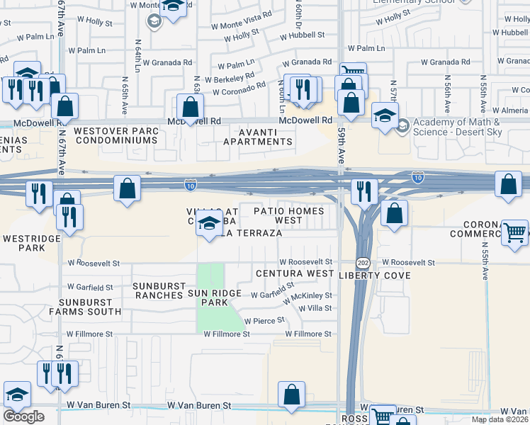 map of restaurants, bars, coffee shops, grocery stores, and more near 6114 West Belleview Street in Phoenix