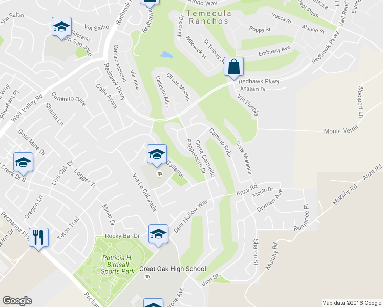 map of restaurants, bars, coffee shops, grocery stores, and more near 45791 Corte Carmello in Temecula