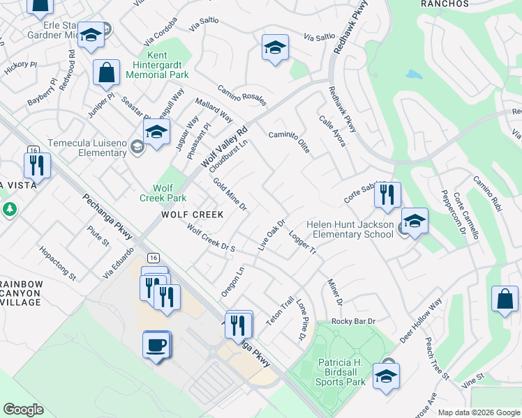 map of restaurants, bars, coffee shops, grocery stores, and more near 45900 Bristlecone Court in Temecula