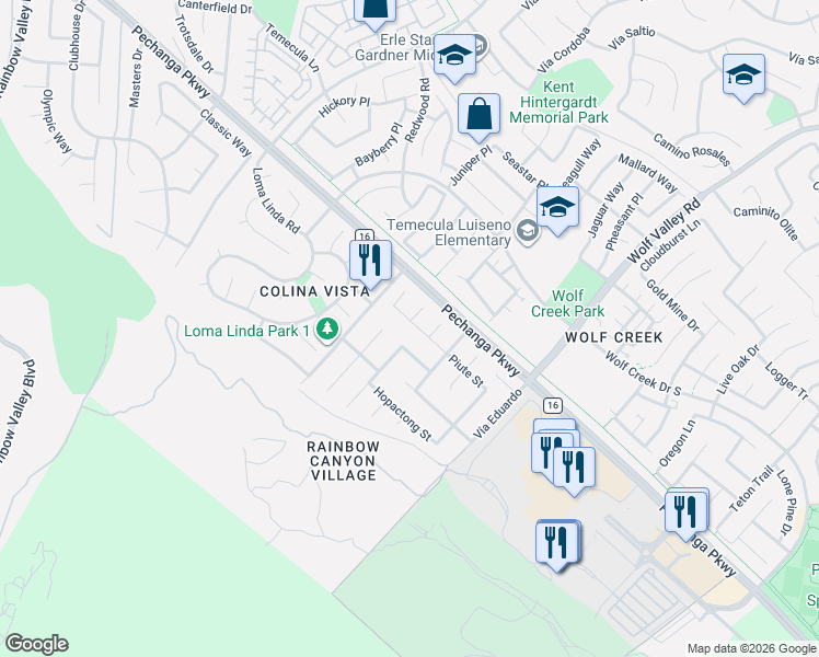 map of restaurants, bars, coffee shops, grocery stores, and more near 31232 Eona Circle in Temecula