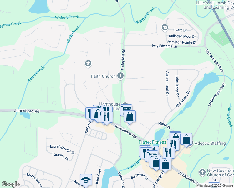map of restaurants, bars, coffee shops, grocery stores, and more near 133 Dailey Mill Road in McDonough
