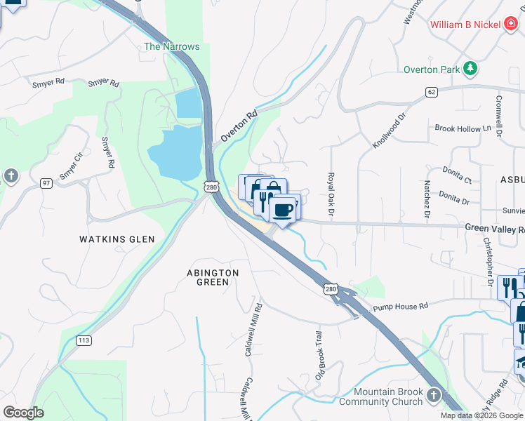 map of restaurants, bars, coffee shops, grocery stores, and more near 3920 Green Valley Road in Mountain Brook