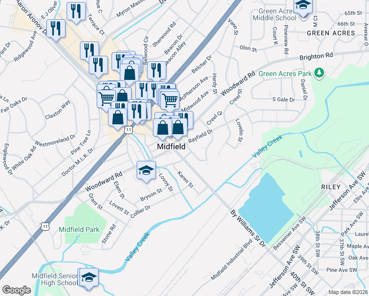 map of restaurants, bars, coffee shops, grocery stores, and more near 1424 Rayfield Drive in Birmingham