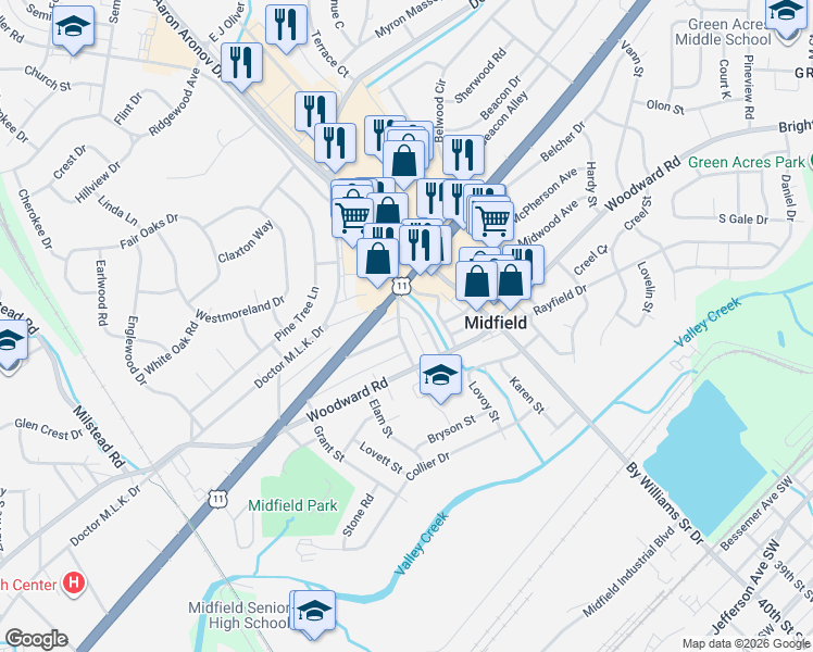 map of restaurants, bars, coffee shops, grocery stores, and more near 105 Brookwood Road East in Birmingham