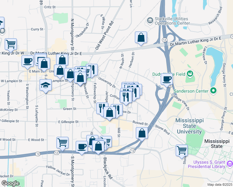 map of restaurants, bars, coffee shops, grocery stores, and more near 524 University Drive in Starkville