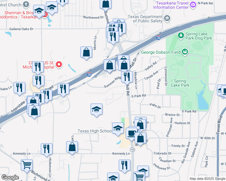 map of restaurants, bars, coffee shops, grocery stores, and more near 2011 Mall Drive in Texarkana