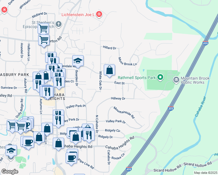map of restaurants, bars, coffee shops, grocery stores, and more near 3416 East Lane in Vestavia Hills