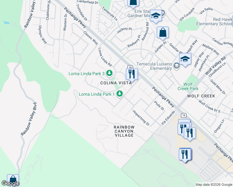 map of restaurants, bars, coffee shops, grocery stores, and more near 30660 East Loma Linda Road in Temecula