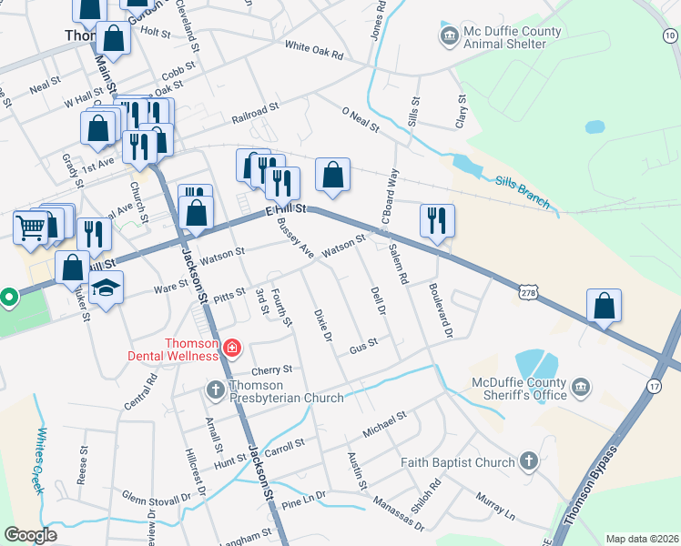map of restaurants, bars, coffee shops, grocery stores, and more near 421 Watson Street in Thomson