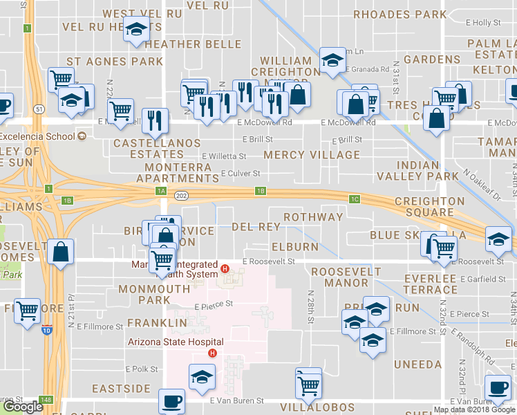 map of restaurants, bars, coffee shops, grocery stores, and more near 1124 North 27th Street in Phoenix