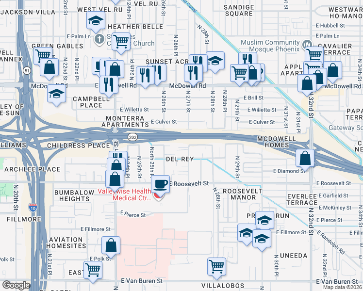 map of restaurants, bars, coffee shops, grocery stores, and more near 1124 North 27th Street in Phoenix