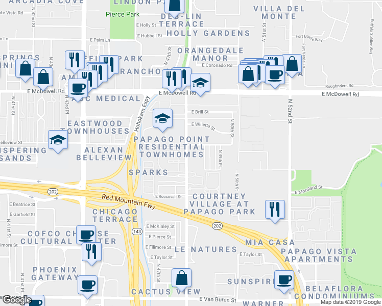 map of restaurants, bars, coffee shops, grocery stores, and more near 1301 North 48th Street in Phoenix