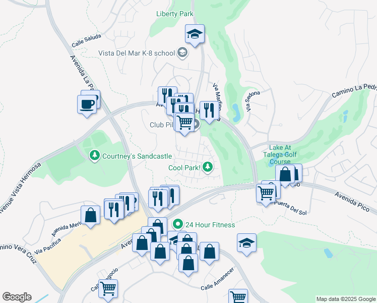 map of restaurants, bars, coffee shops, grocery stores, and more near 21 Paseo Luna in San Clemente