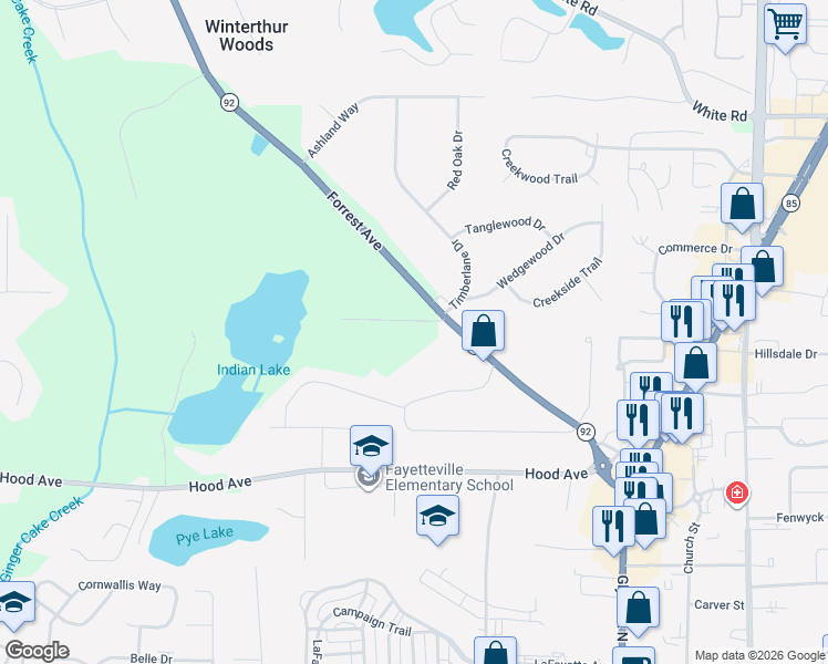 map of restaurants, bars, coffee shops, grocery stores, and more near 444 Lakeshore Drive in Fayetteville