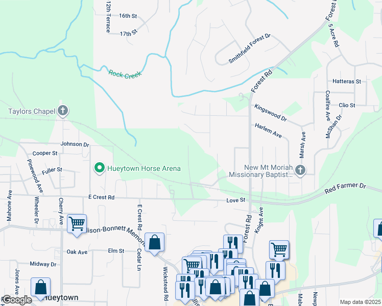 map of restaurants, bars, coffee shops, grocery stores, and more near 427 Patterson Avenue in Hueytown