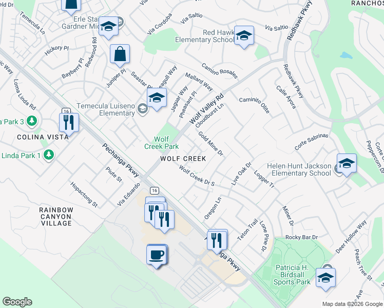 map of restaurants, bars, coffee shops, grocery stores, and more near 45859 Daviana Way in Temecula