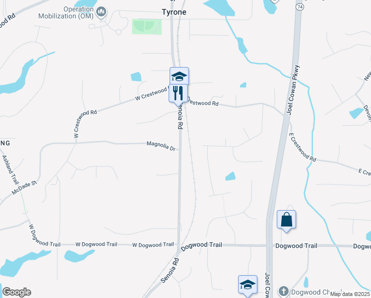 map of restaurants, bars, coffee shops, grocery stores, and more near 215 Brooks Drive in Tyrone