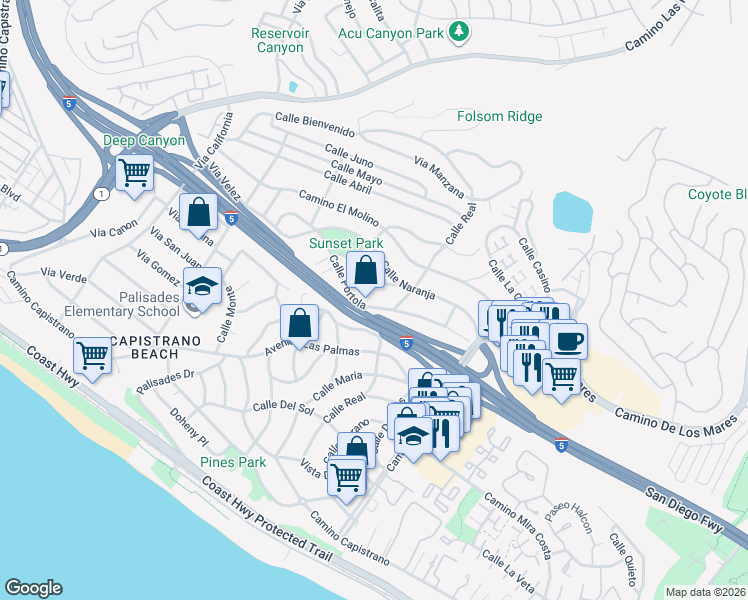 map of restaurants, bars, coffee shops, grocery stores, and more near 34471 Calle Carmelita in Dana Point