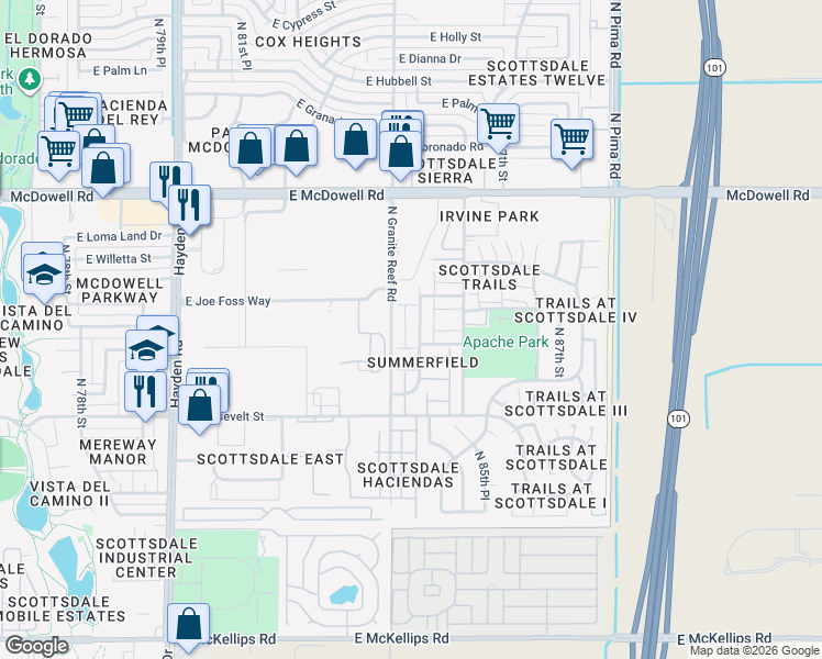 map of restaurants, bars, coffee shops, grocery stores, and more near 1257 North Granite Reef Road in Scottsdale