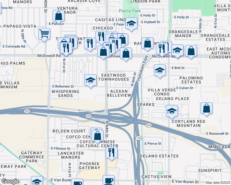 map of restaurants, bars, coffee shops, grocery stores, and more near 4454 East Belleview Street in Phoenix