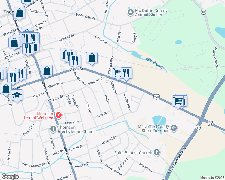 map of restaurants, bars, coffee shops, grocery stores, and more near 401-507 Salem Road in Thomson