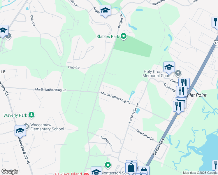 map of restaurants, bars, coffee shops, grocery stores, and more near 1486 Martin Luther King Road in Pawleys Island
