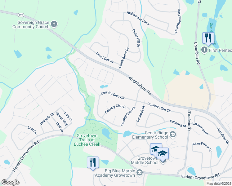 map of restaurants, bars, coffee shops, grocery stores, and more near 4530 Country Glen Circle in Grovetown